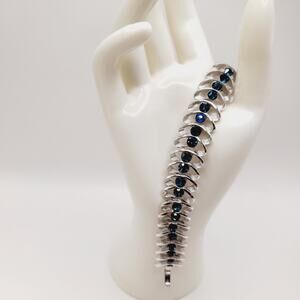Vintage Crown Trifari Blue Rhinestone Bracelet – Rhodium Plated – 6.75 Inches